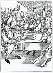 Of glotons and dronkardes, illustration fra Alexander Barclays engelske oversættelse af "The Ship of Fools", fra en udgave fra 1874